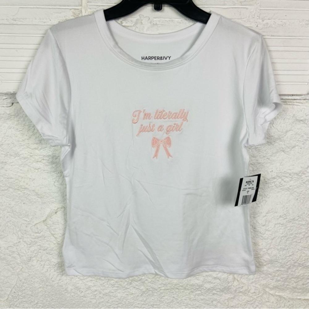 NWT HARPER & IVY White half cropped embroidered IM LITERALLY JUST A GIRL top XL